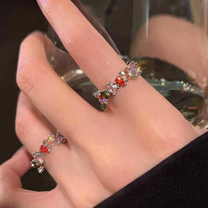 Summer color exquisite colored zircon open ring for women, light luxury, trendy and niche design, adjustable index finger ring Specification drawing