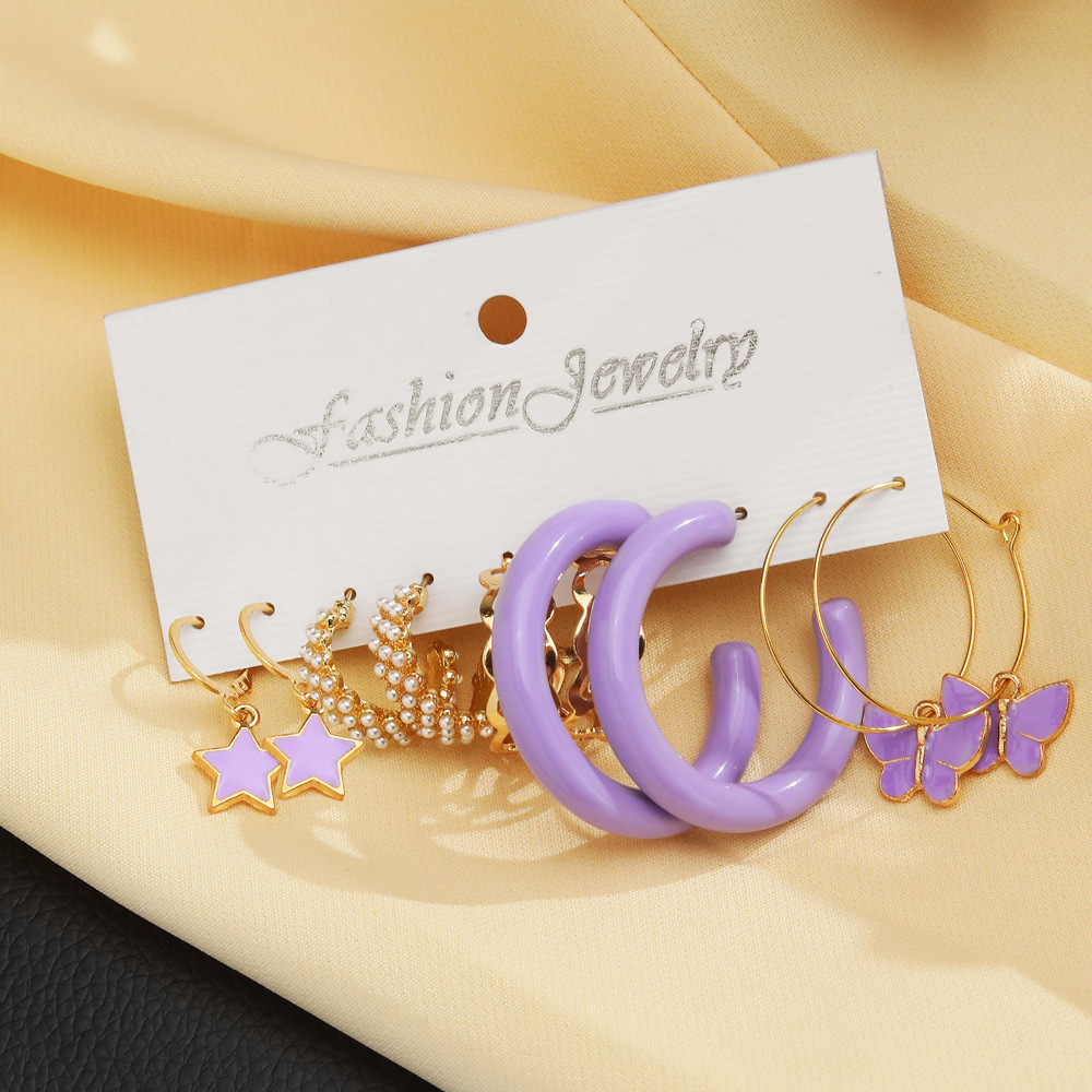 A new 5-piece purple butterfly earring set for European and American foreign trade, featuring retro charm and pearl earrings with a high-end feel Specification drawing