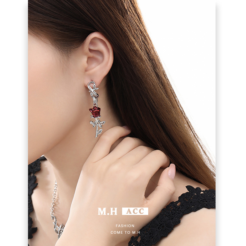 ins Rose earrings 925 silver needle, high-end and niche design, stud earrings, fashionable and hot girl style earrings wholesale Specification drawing