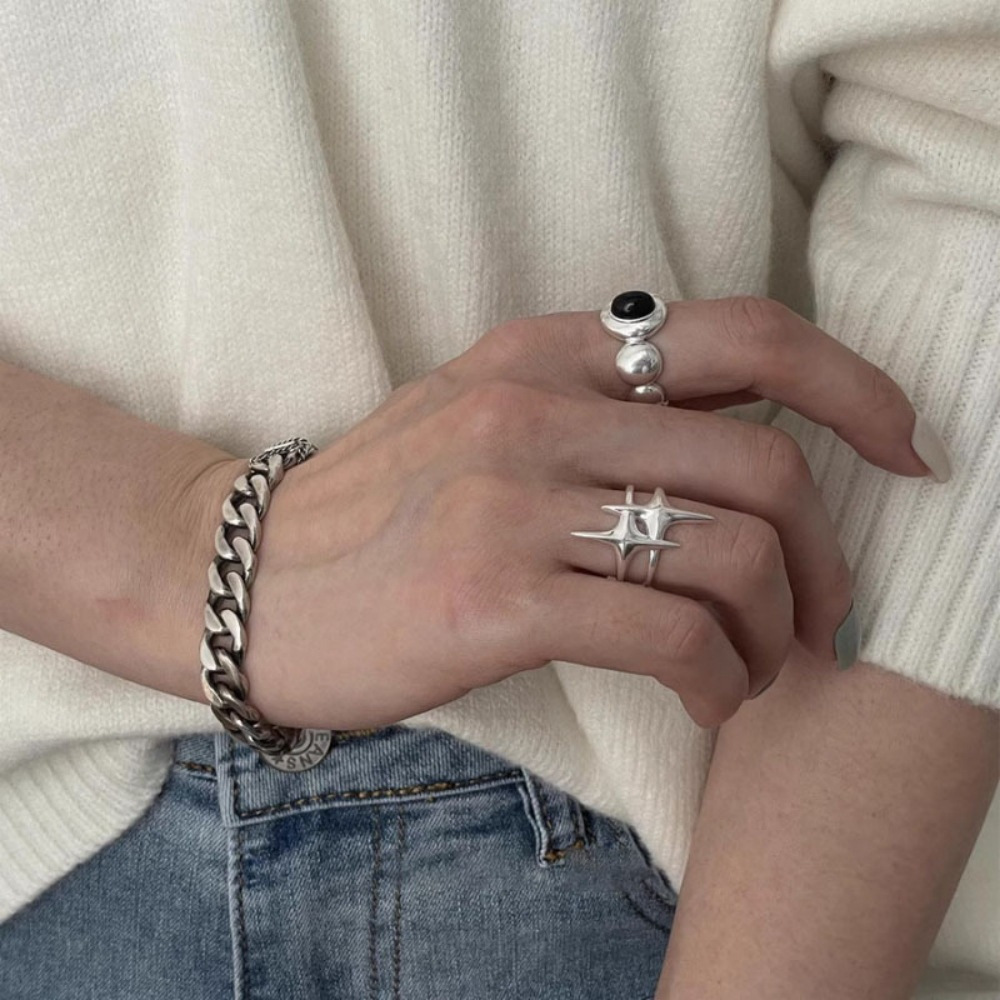 925 sterling silver ring for women, black agate simple double-pointed star ring, ins fashionable, versatile and high-end index finger ring Specification drawing