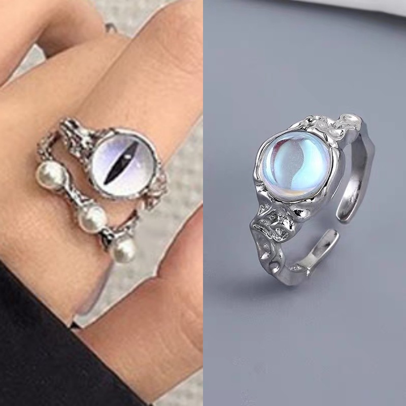 A niche dark style double-layer cat's eye pearl ring women's ins set, a niche cold style high-end open ring full figure
