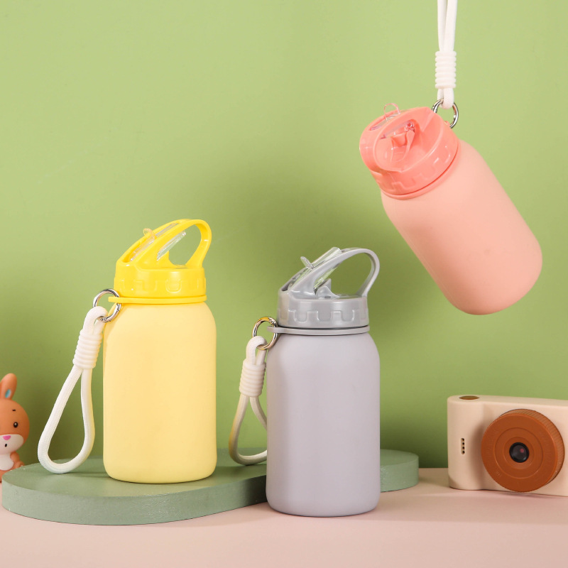 Sports outdoor silicone water bottle, children's travel water cup, portable folding new macaron cute compressed water bottle Specification drawing