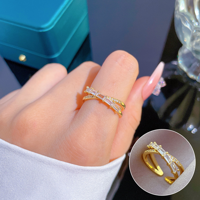 【 Real gold electroplated 】 Open ring with crossed full diamonds, unique ring, index finger ring, the same style as Internet celebrities, simple and cold style full figure