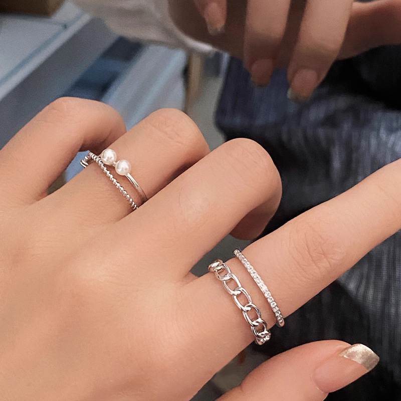 New pearl ring, women's micro-set diamond open ring, niche design, simple plain ring index finger ring, French self-discipline ring details Picture