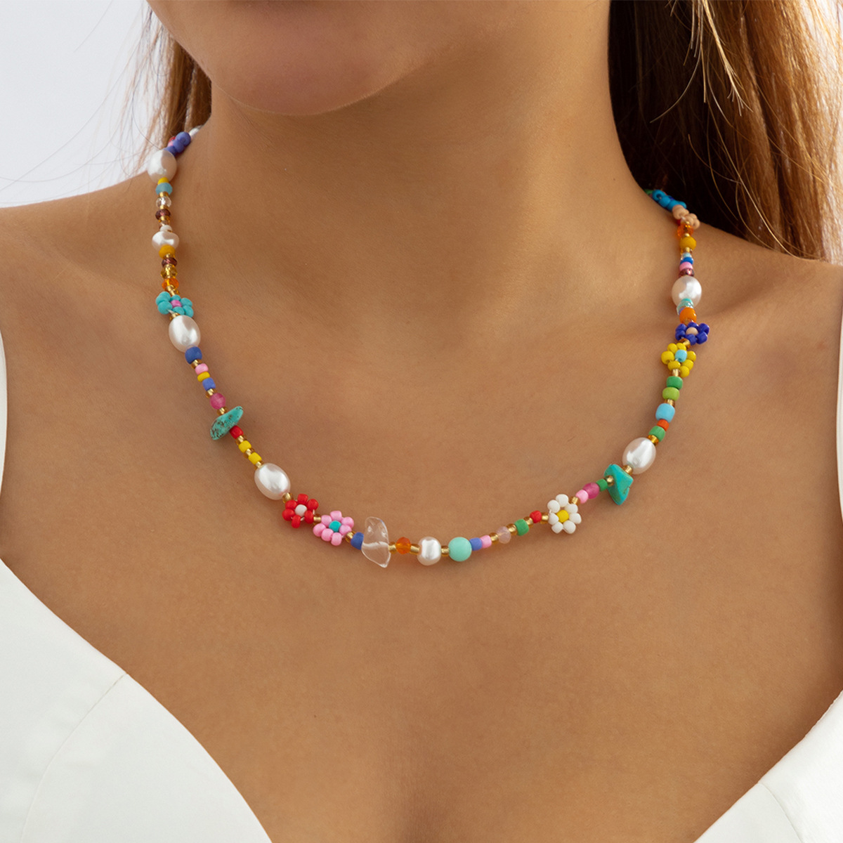 European and American cross-border jewelry, retro mixed style, turquoise imitation pearl collarbone chain, niche design sense, Daisy necklace for women full figure