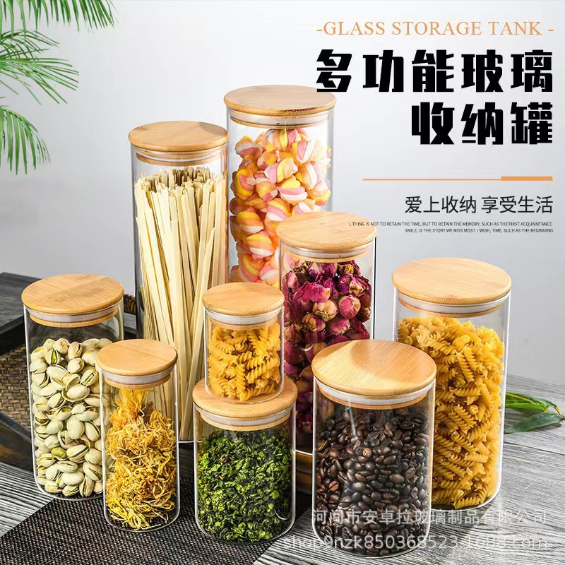 Round bamboo and wood lid high borosilicate glass sealed jar, straight cylinder tea jar, dry fruit, snack and grain storage jar Application Scenario