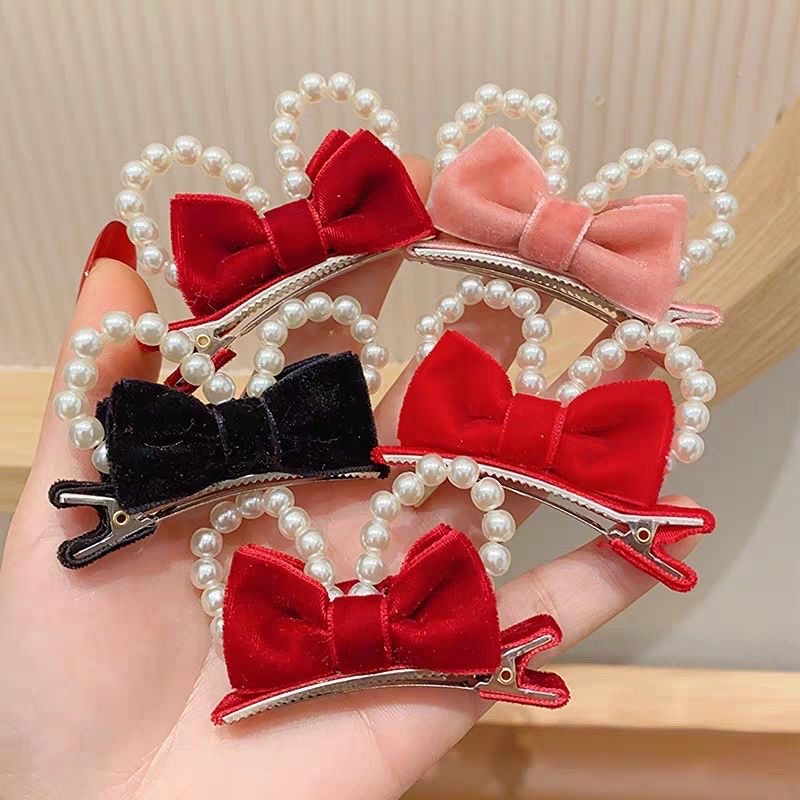 New baby headwear for girls with three-dimensional pearl ears, sweet princess, bangs and hairpins, New Year side clips details Picture