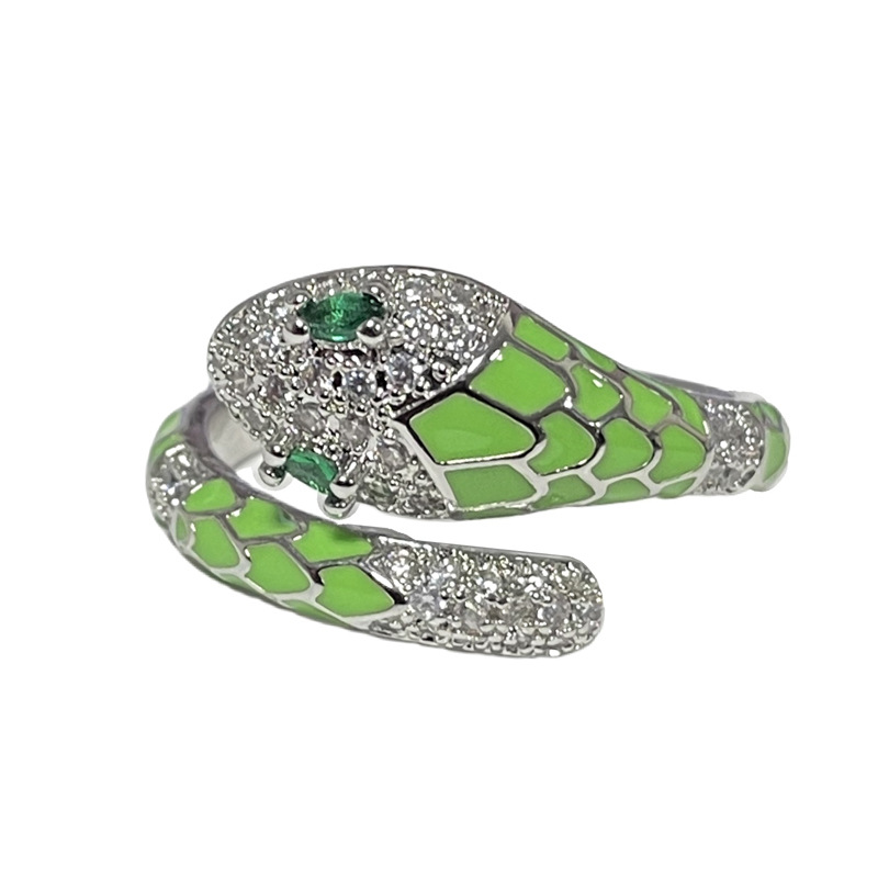 A new green diamond snake head exotic micro-inlaid drip glaze spirit snake ring from Europe and America, a gender-neutral and unique punk spice girl ring Item Picture