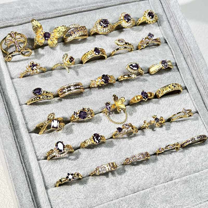 Cross-border, super ethereal, sweet and cool purple diamond ring for the ninth girl, purple Lihuo, light luxury, exquisite and niche retro snake-shaped geometric ring trend details Picture