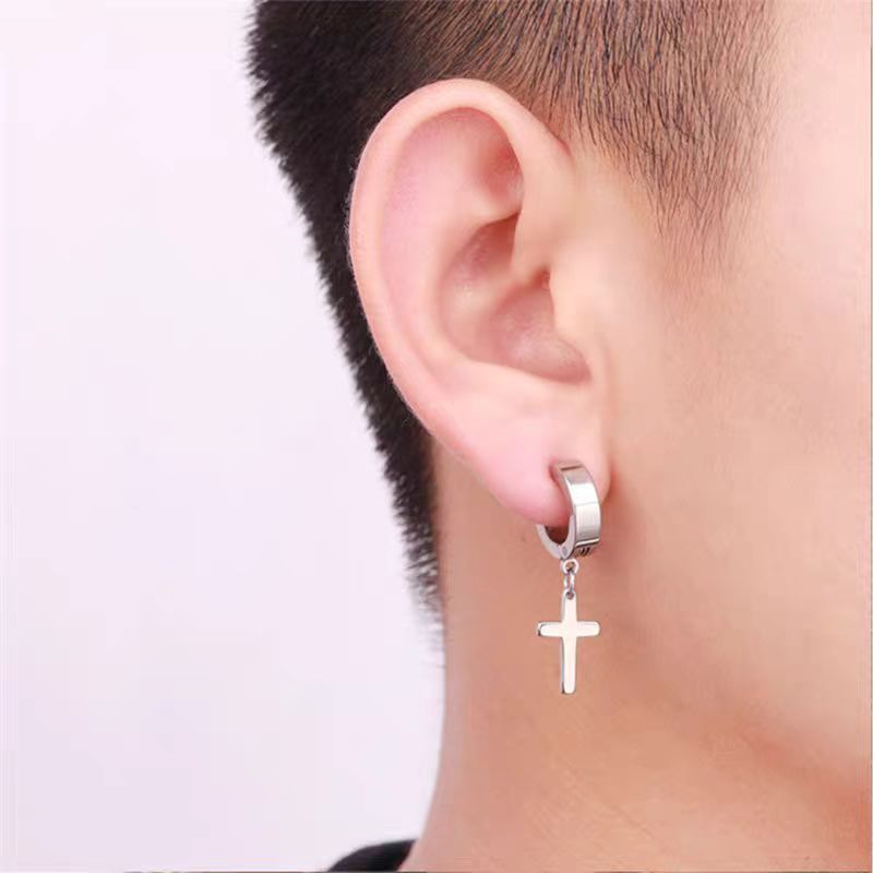 American stainless steel cross earrings, hip-hop and cool, niche design, no ear piercings, cold style male earrings Specification drawing
