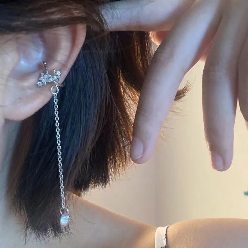 Diamond-encrusted tassel ear clips for women, no ear piercings, forest-style, super ethereal and high-end earrings, long ear hooks, ear bone clips, zircon earrings Specification drawing