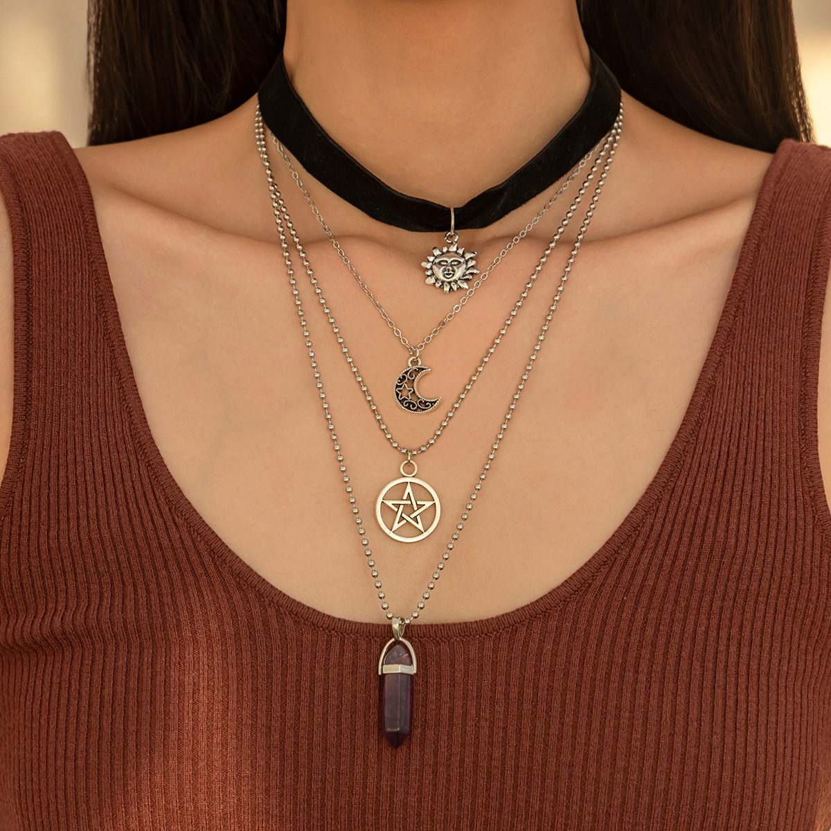 European and American cross-border jewelry layering style star pendant necklace set, personalized velvet sunflower alloy collarbone chain full figure