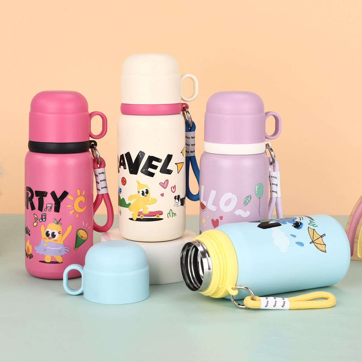 Cartoon 316 stainless steel children's insulated cup, outdoor anti-drop portable cup with handle rope, vacuum sports water bottle details Picture