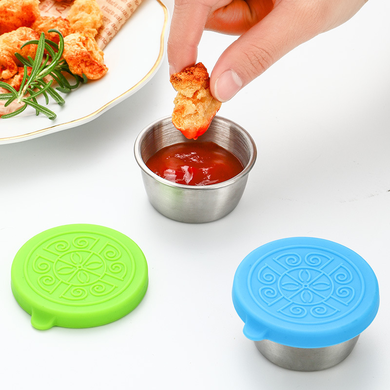 304 stainless steel sauce cups with silicone LIDS, 40ml, 50ml, 70ml leak-proof salad tomato sauce dressing sauces details Picture