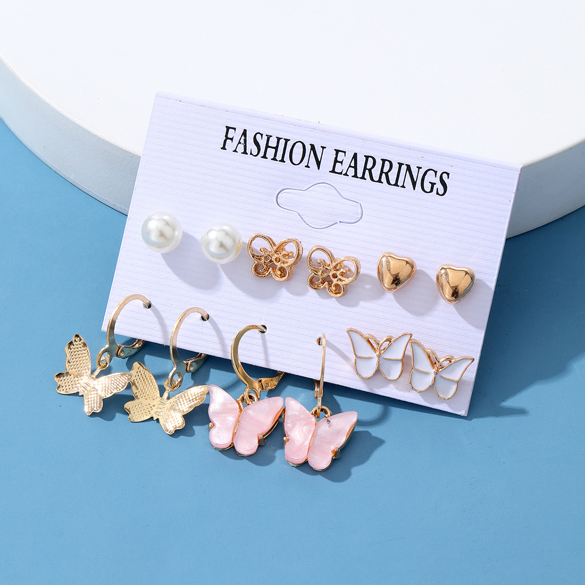 European and American cross-border creative and simple pearl heart-shaped ear rings, butterfly ear clips, retro card earrings 6-piece set batch details Picture