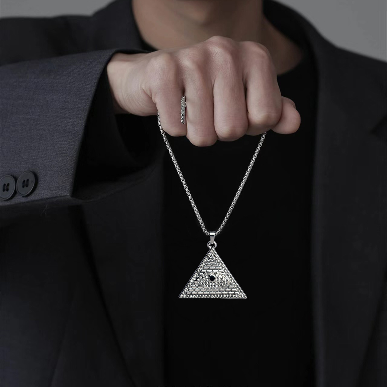 New Middle East cross-border Nazar Eye titanium steel necklace triangular Halal diamond-encruble alloy pendant batch Application Scenario