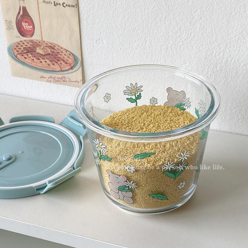Bolimei Daisy Bear Food Preservation Bowl, heat-resistant glass food preservation box, covered soup bowl, portable glass bowl Specification drawing
