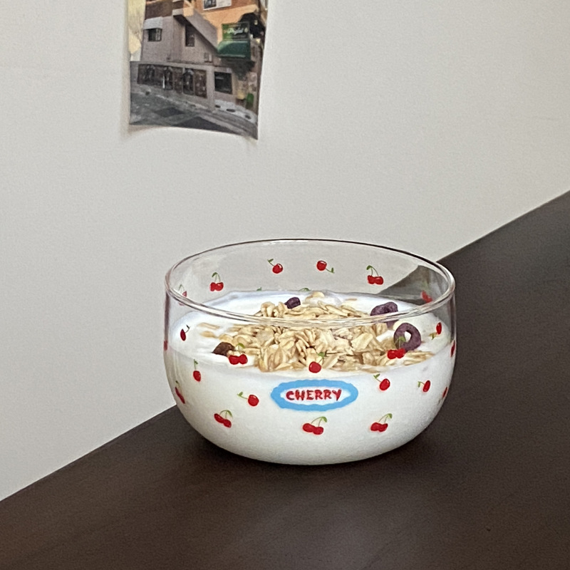 Cute and girlish red cherry dessert bowl, niche Korean ins high-temperature resistant glass bowl, yogurt cup breakfast bowl details Picture