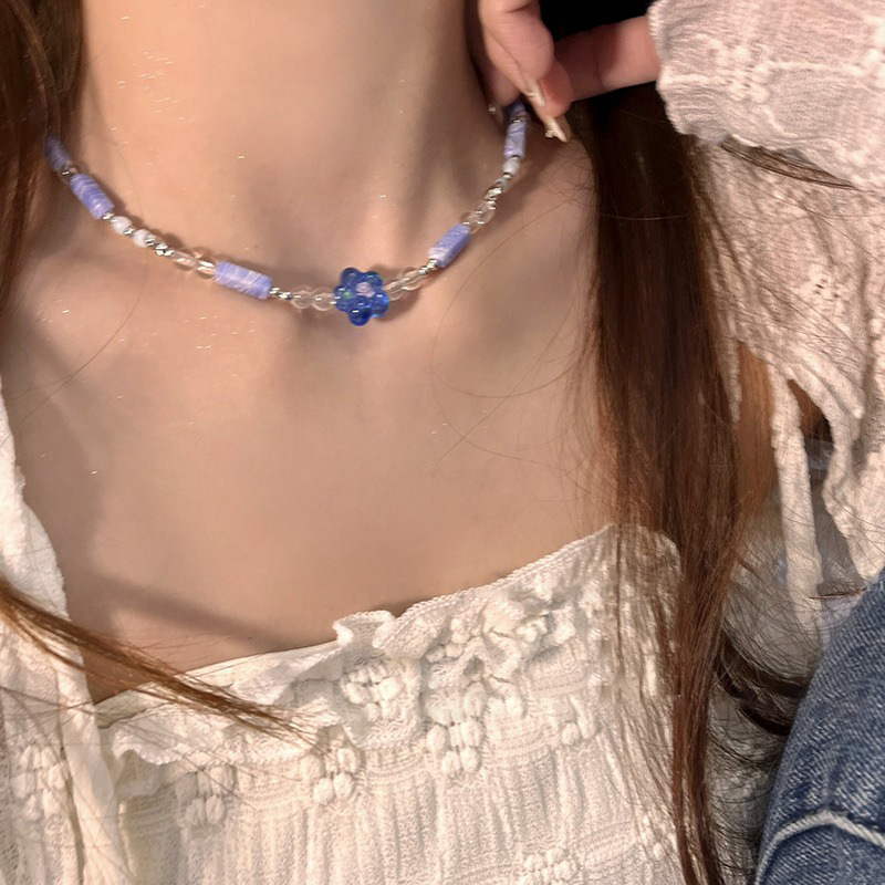 Flower multi-element millennium collarbone chain niche necklace for women, irregular beaded necklace, unique, sweet and cool girl blue Specification drawing