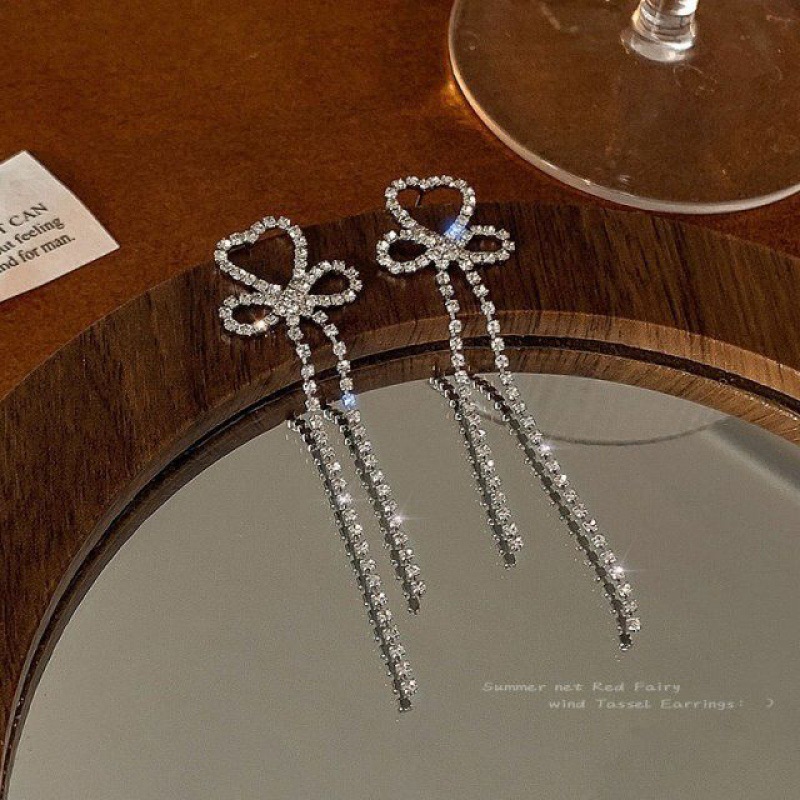 Light luxury water diamond bow tassel earrings, women's summer super fairy-like long stud earrings, exquisite Korean-style chic niche earrings details Picture
