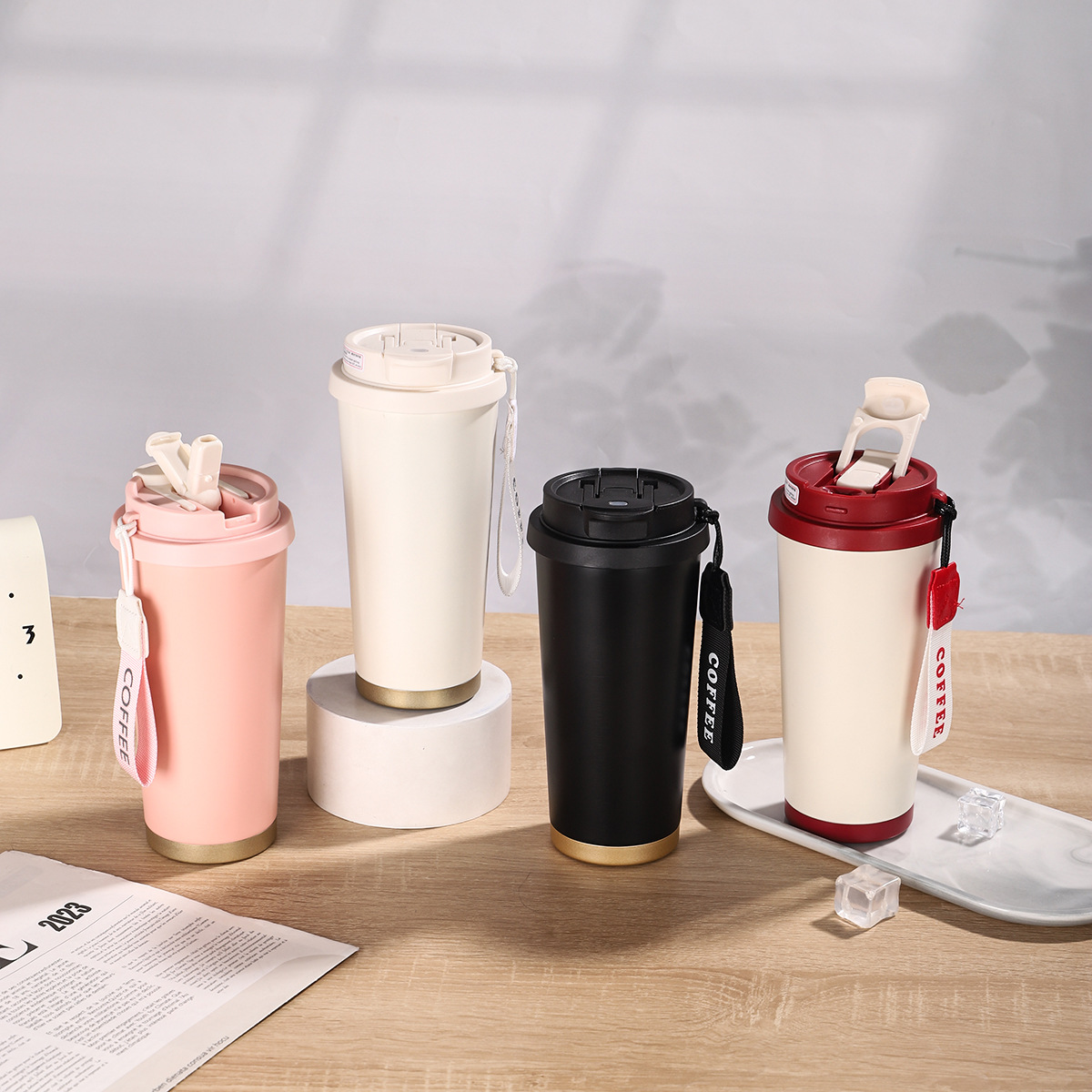 Cross-border Lily of the valley coffee cup, 316 stainless steel vacuum lifting rope double-drinking insulated cup, business straw gift cup Application Scenario
