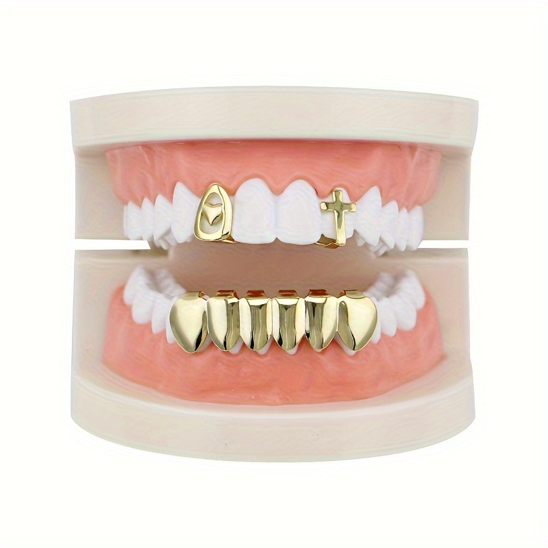 Cross-shaped heart-shaped hollowed-out upper teeth, smooth lower teeth, hip-hop braces, grillz18k electroplated vampire dentures full figure