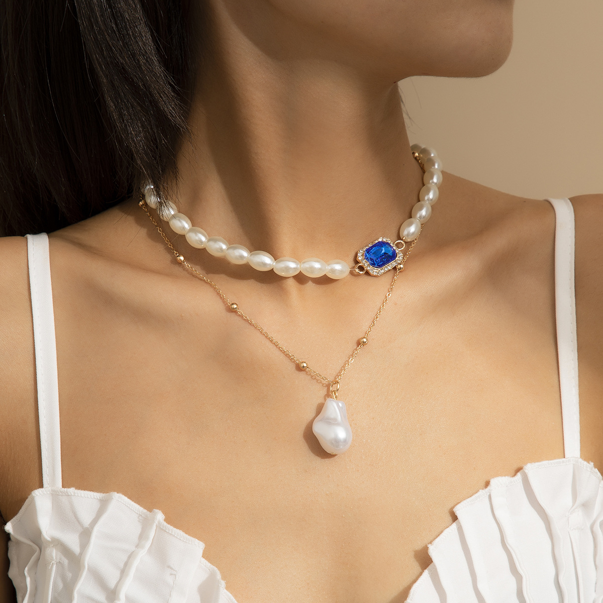 European and American cross-border fashion pearl set collarbone necklace, retro Baroque irregular-shaped pearl metal necklace accessory full figure