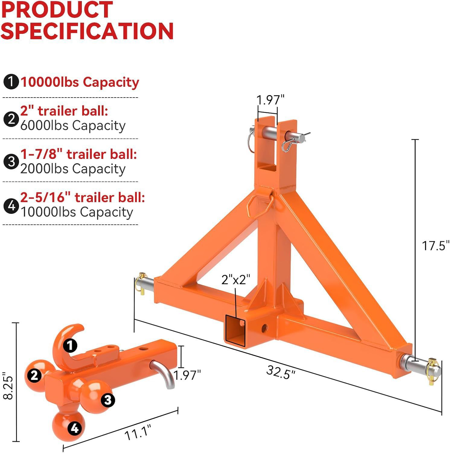 3.2 "Trailer hook receiver with towing ball hook heavy-duty tractor towing rod quick hook accessory Specification drawing
