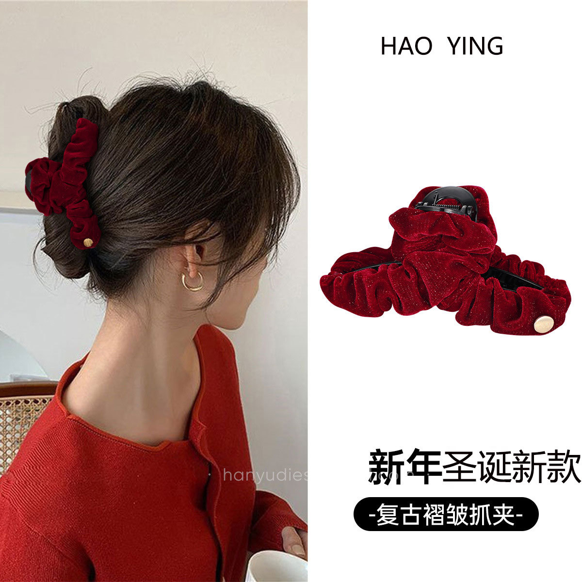 High-end texture French pleated fabric grab clip for women, large hair volume, retro black back head updo shark clip details Picture