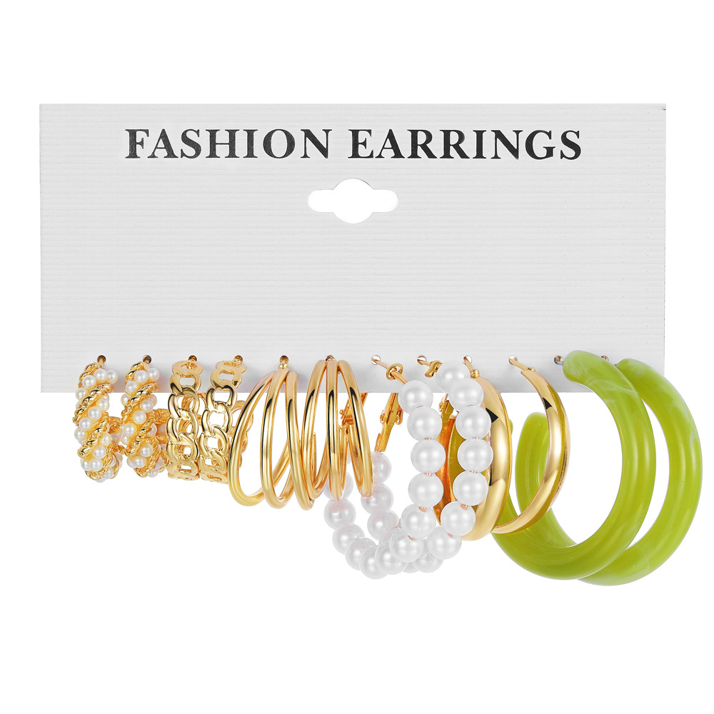 Cross-border best-selling metal C-shaped earrings geometric Earringset 5-piece retro pearl earrings Earringset Item Picture