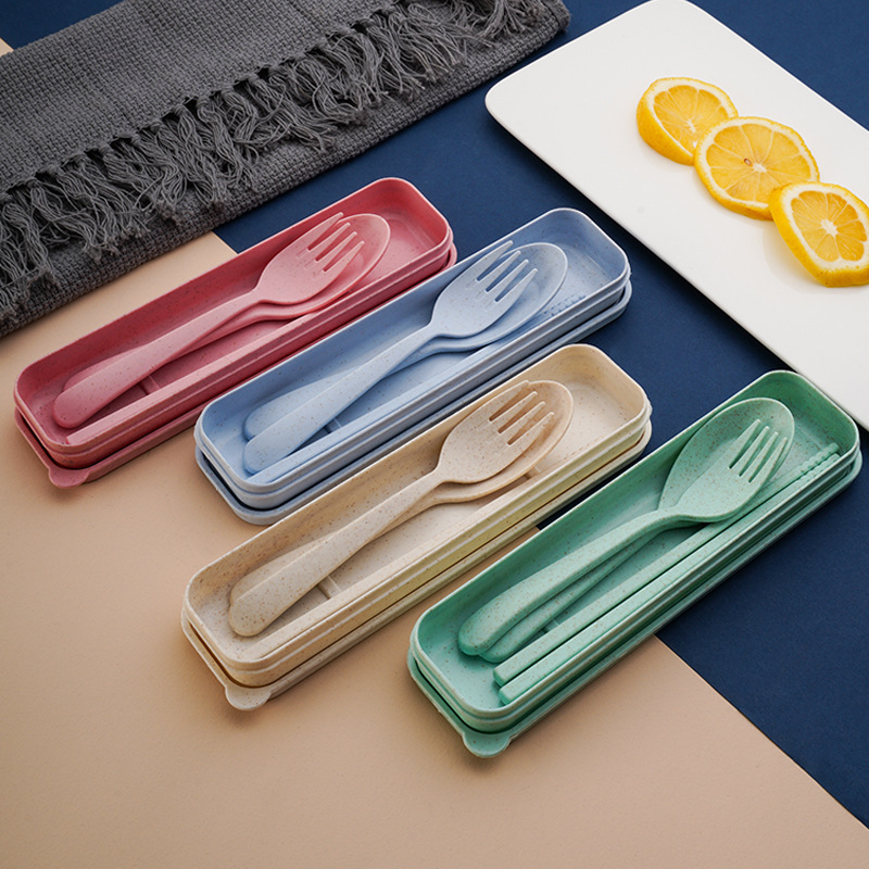 Three-piece set of cross-border Amazon wheat straw spoons, chopsticks and forks for students, portable tableware gifts details Picture