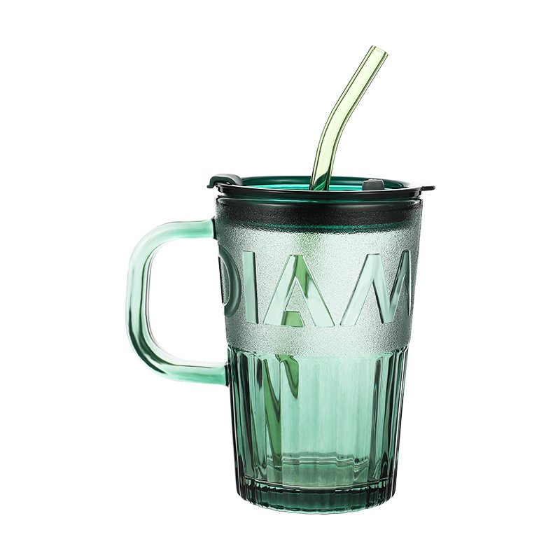 Factory wholesale couple glass cups with handles, straws, high-temperature resistant cups, single-layer office and household simple water cups Item Picture
