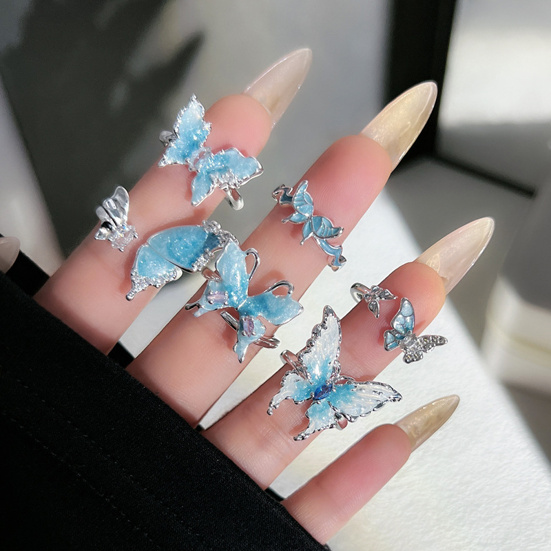 The trendy liquid butterfly fashion glacier lake blue fine sparkling drop glaze open ring is a simple, sweet and cool atmosphere ring for women details Picture