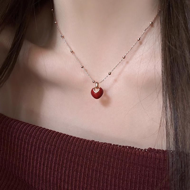 French glazed red heart-shaped necklace, autumn and winter collarbone chain, light luxury feminine pendant, niche design sense necklace details Picture