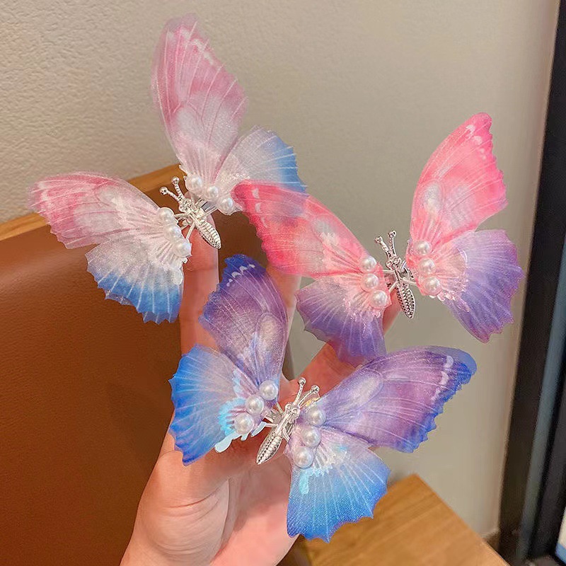 Gradient color moving butterfly, super fairy-like pearl butterfly hairpin, three-dimensional ancient costume hairpin, headwear and hair clip full figure