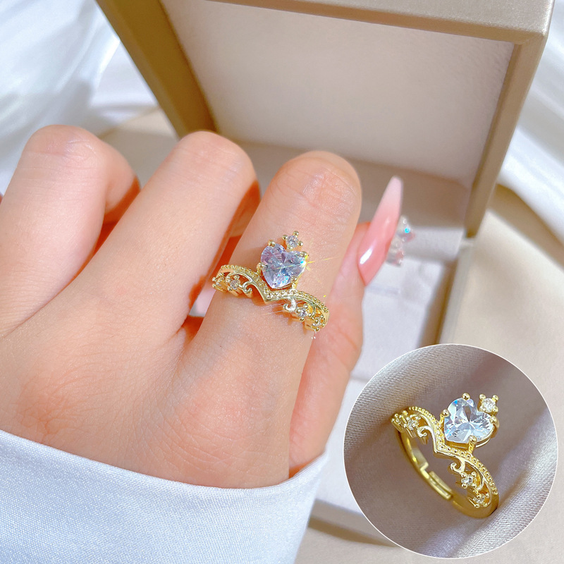 【 Real Gold 】 Crown heart Full Diamond ring with adjustable opening, simple Japanese-style ring couple rings full figure