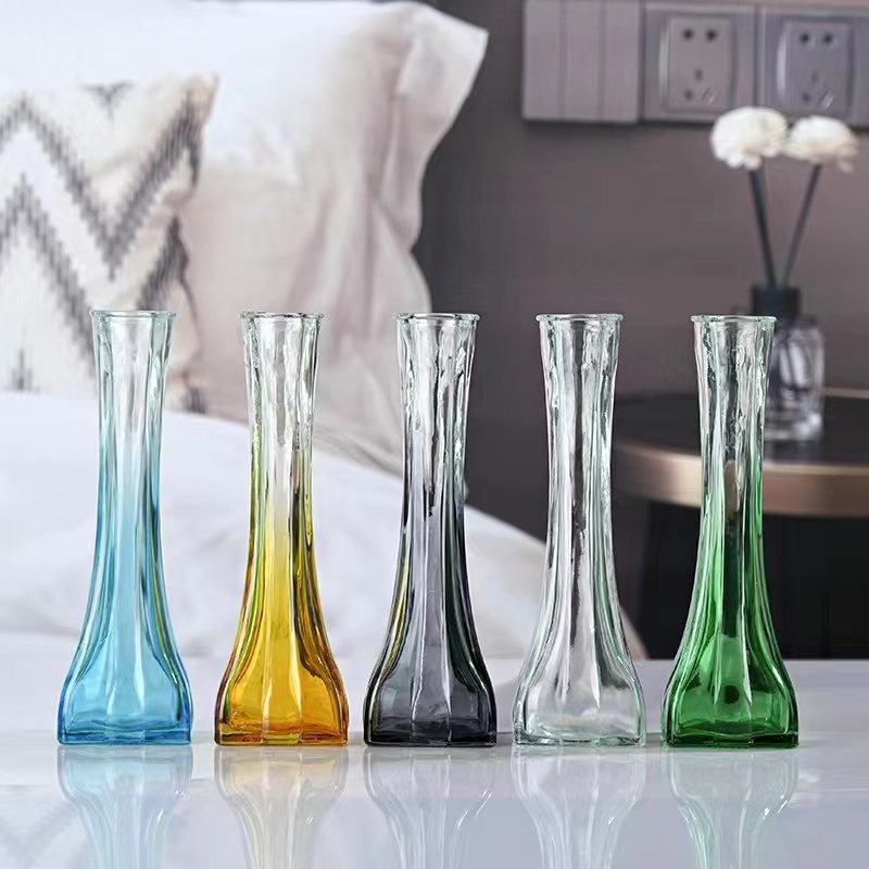 Square glass vase, fresh and simple, waist-cinching, single vase, transparent, modern and fashionable indoor dining table, hotel vase details Picture