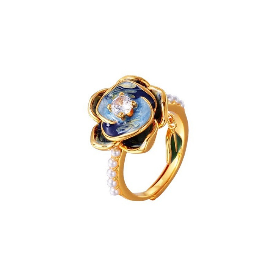 New Chinese-style enamel drop glaze camellia pearl ring, a niche design for women, with a retro, light luxury and high-end open ring Item Picture