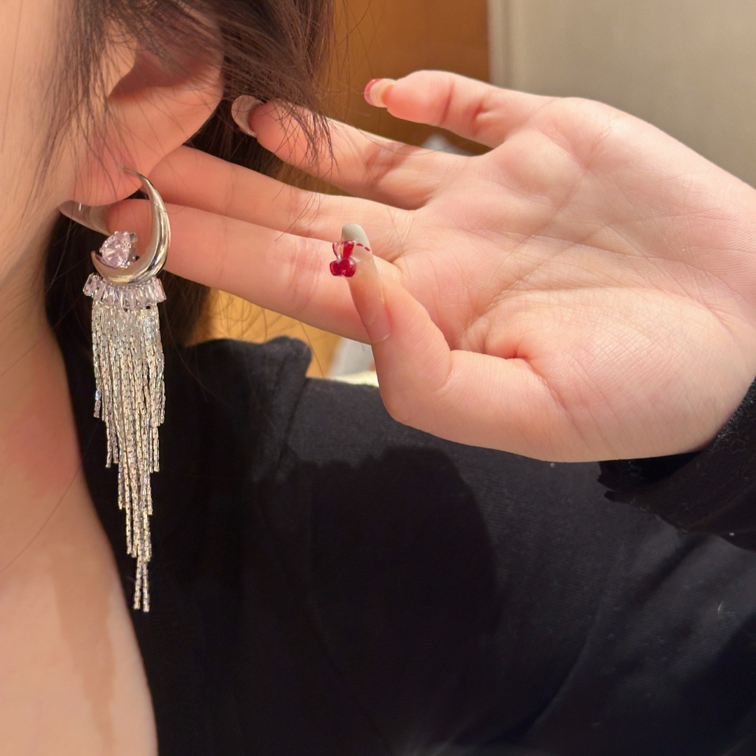 2025 New style light luxury high-end long tassel earrings, feminine, fashionable, face-slimming earrings and earrings 925 Application Scenario