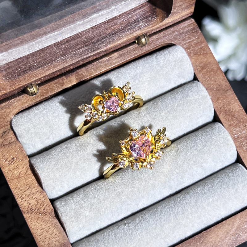 A high-end pink diamond heart-shaped zircon angel wing ring, a women's crown, a unique and sweet layered fashionable and light luxury ring Application Scenario