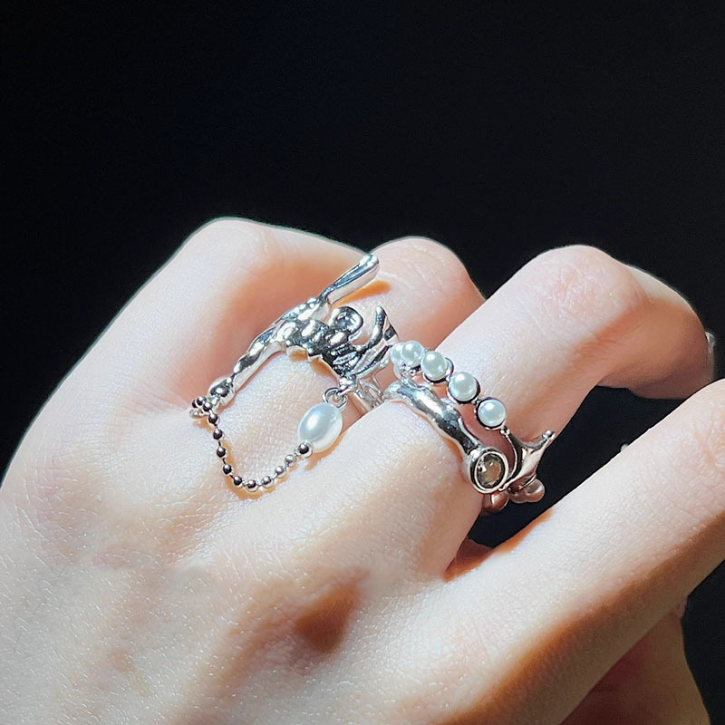 French-style gentle, sweet and cool starlight pearl open ring, trendy women's layered tassel ins style light luxury high-end ring details Picture