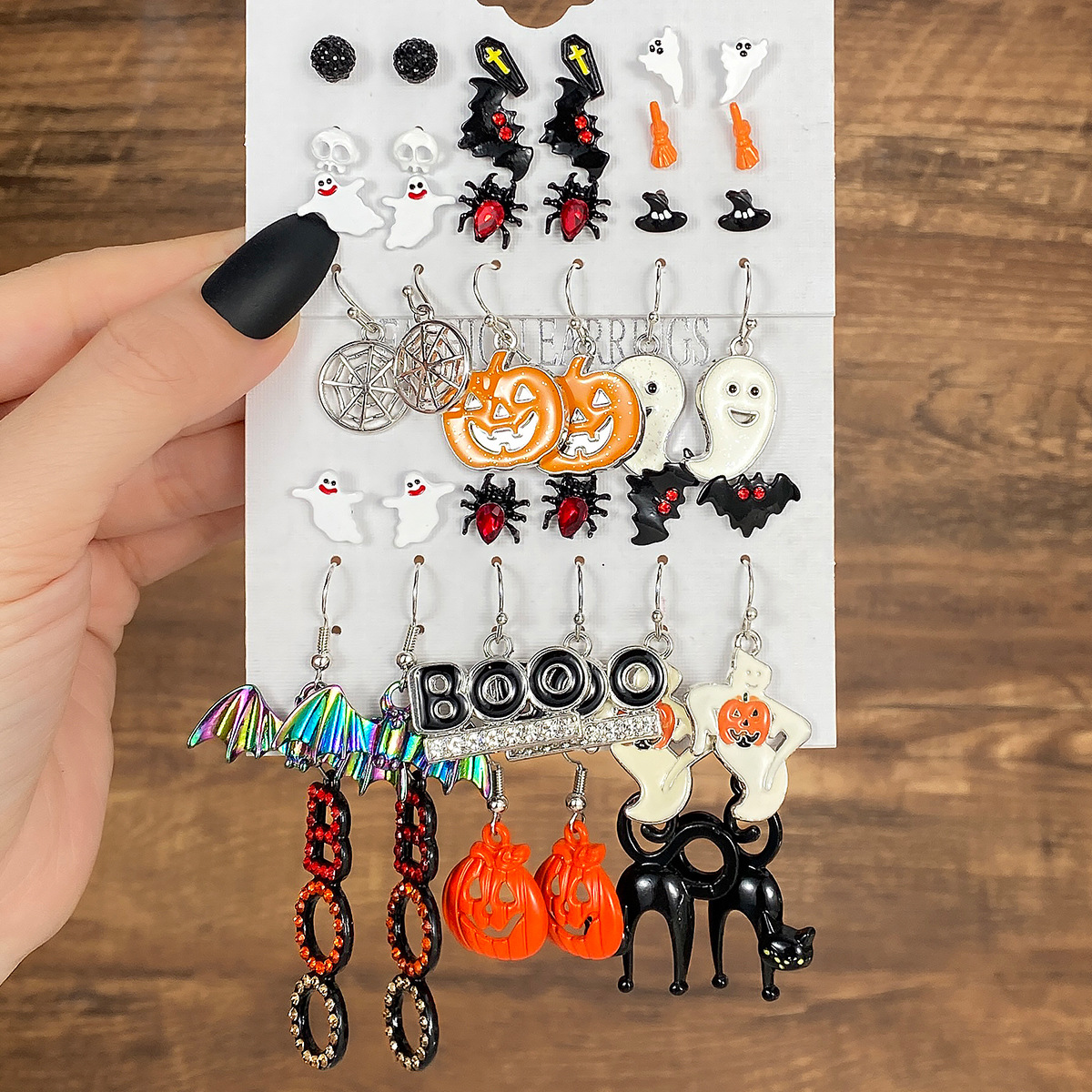 Cross-border Halloween horror and funny earrings: Alloy studded with diamonds, skull, pumpkin, cat, spider web ghost earrings details Picture