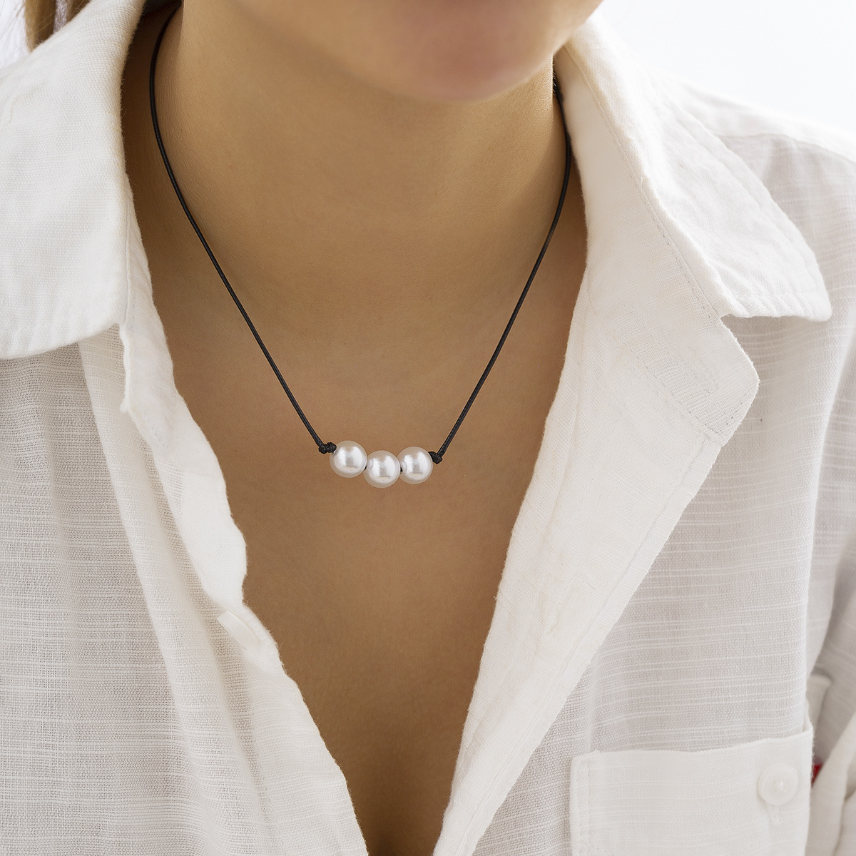 European and American cross-border jewelry, simple design sense beaded collarbone chain, Bohemian ethnic style imitation pearl necklace Specification drawing