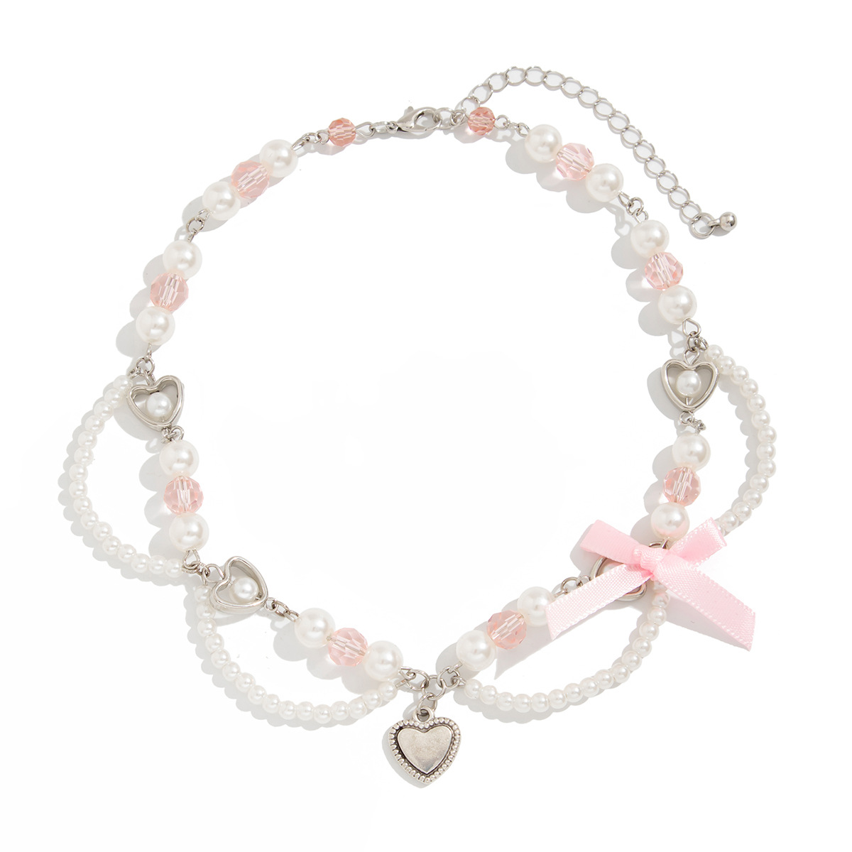 European and American cross-border jewelry sweet style strawberry pearl pendant Necklace fresh and simple bow webbing Necklace Item Picture