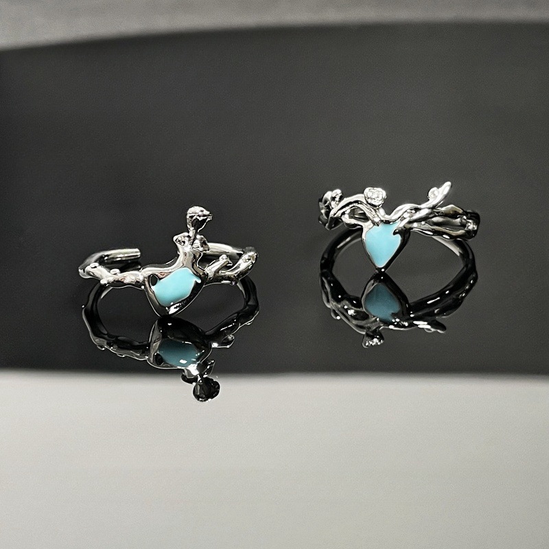 New Chinese-style flower and thorn blue drip glaze open ring, gender-neutral style couple ring, personalized and high-end ring Specification drawing