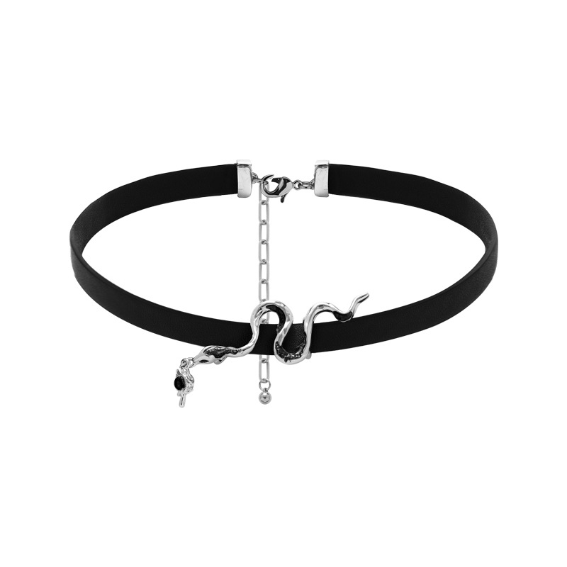 Original spirit snake necklace, women's high-end, light luxury, retro hip-hop, hot girl, Gothic, neutral necklace, black leather collar Item Picture