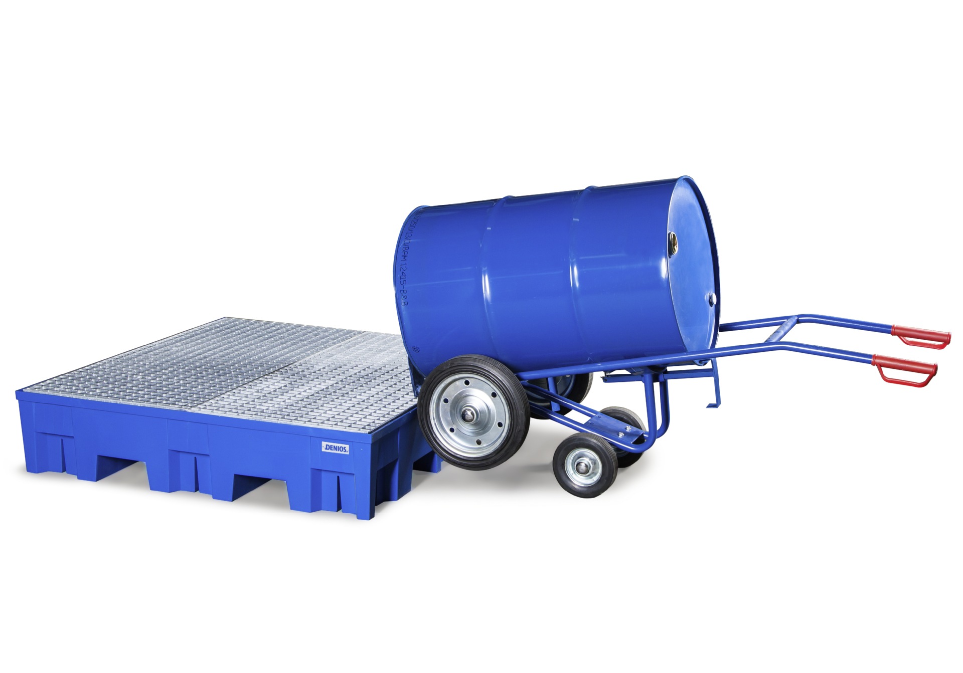 DENIOS steel round drum trolley, 205L iron and plastic drum handling trolley, oil drum unloading trolley, manual trolley undefined