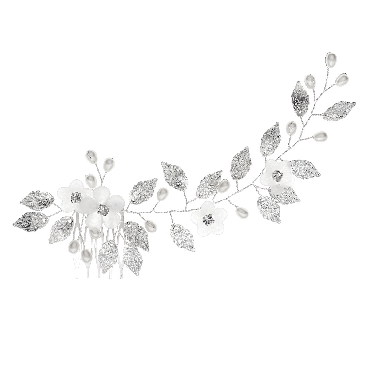 New Chinese-style bride's retro hair accessory, forest-themed leaf handcrafted hair bun comb, Xiuhe dress, cheongsam, versatile pearl hair comb Item Picture