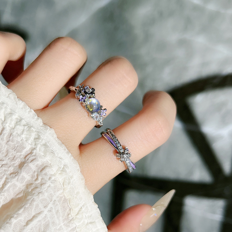 A new French sweet and cool purple glazed moonstone moonstone personalized open ring, a delicate and unique light luxury ring for women full figure