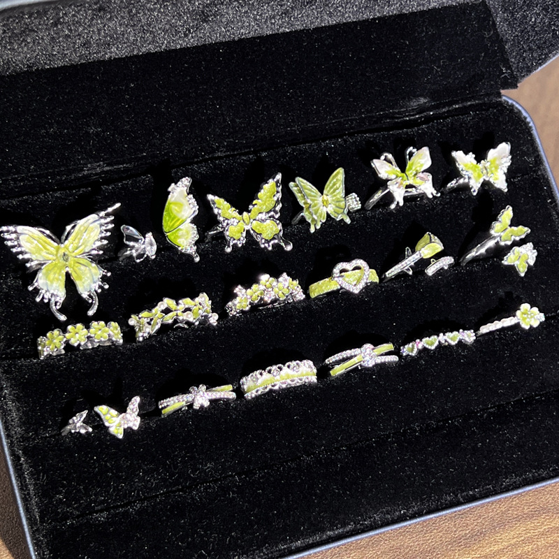French light green enamel butterfly flower open ring for women's ins, cold style, exquisite and high-end, versatile index finger ring details Picture